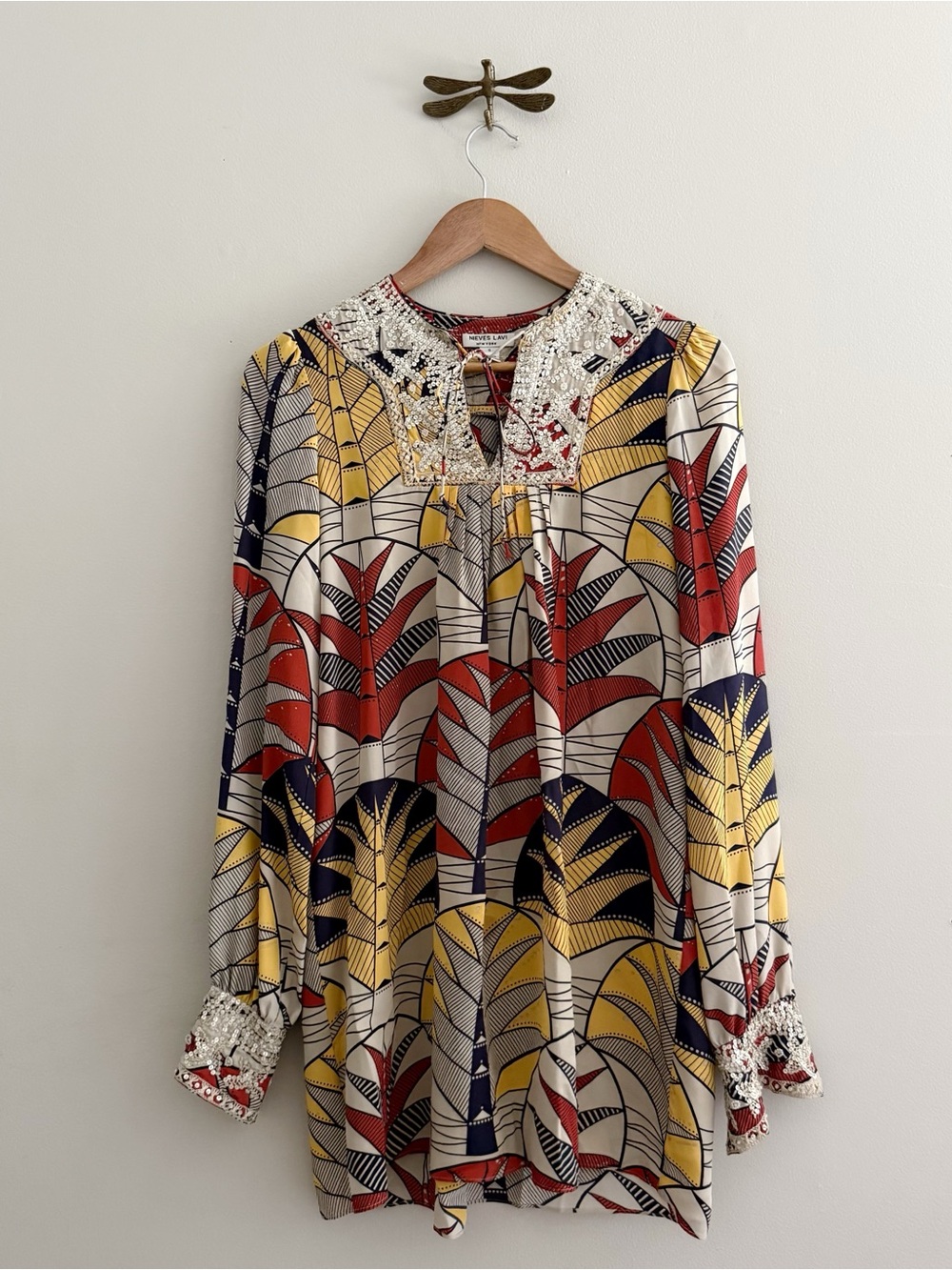 Nieves Lavi Silk Printed Beaded and Embroidered V-Neck Mini Dress Small